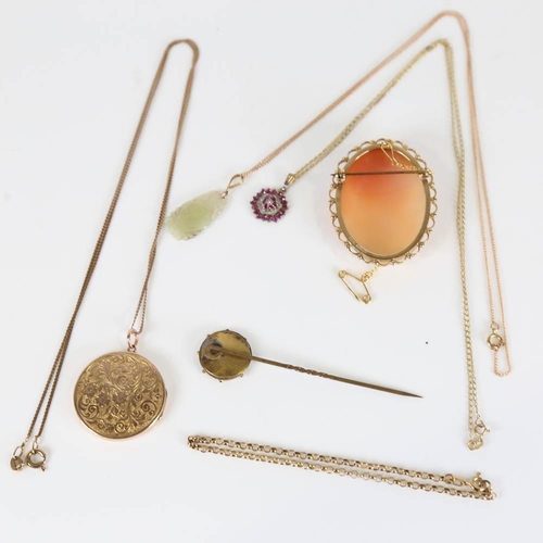 637 - Various jewellery, including shell cameo brooch with 9ct gold frame, 9ct ruby pendant necklace, lock... 