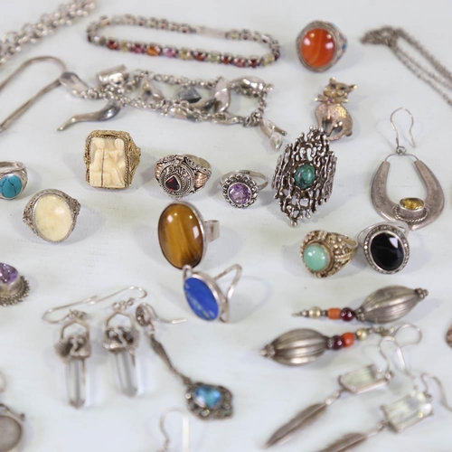 639 - Various silver jewellery, including 1970s abstract ring, earrings, necklaces, etc, 260g gross