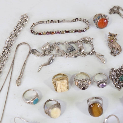 639 - Various silver jewellery, including 1970s abstract ring, earrings, necklaces, etc, 260g gross