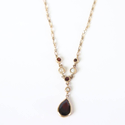 640 - A modern 9ct gold garnet and split pearl demi-parure, comprising drop necklace and pair of drop stud... 