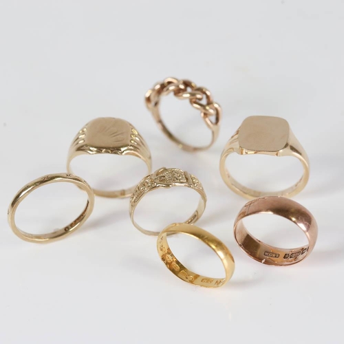 643 - Various gold rings, including 1 x 22ct wedding bands, 1.8g, and 6 x 9ct rings, 21g (1 shank cut) (7)