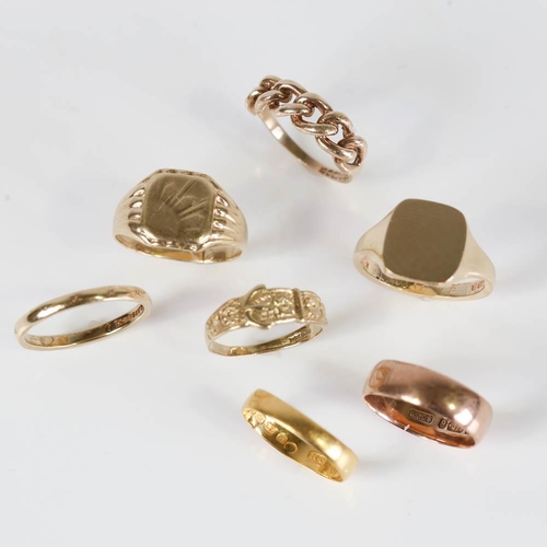 643 - Various gold rings, including 1 x 22ct wedding bands, 1.8g, and 6 x 9ct rings, 21g (1 shank cut) (7)