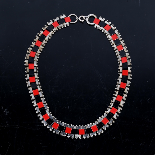 656 - JAKOB BENGEL - an Art Deco red and black enamel Mauerwerk (Brickwork) costume necklace, unmarked set... 