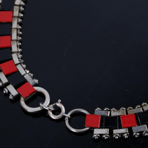 656 - JAKOB BENGEL - an Art Deco red and black enamel Mauerwerk (Brickwork) costume necklace, unmarked set... 