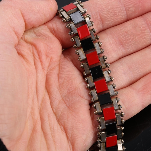 656 - JAKOB BENGEL - an Art Deco red and black enamel Mauerwerk (Brickwork) costume necklace, unmarked set... 