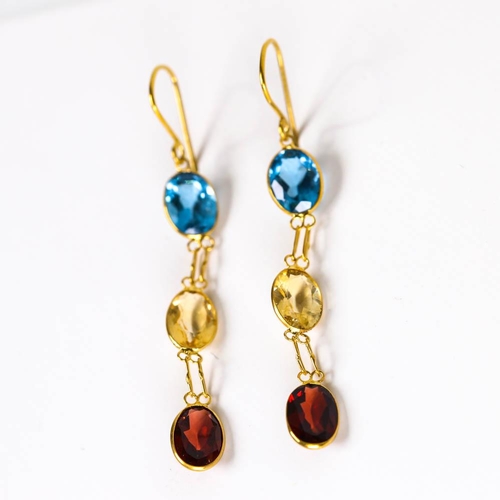 657 - A pair of modern handmade 14ct gold gem-set drop earrings, oval mixed cut gemstones include topaz an... 