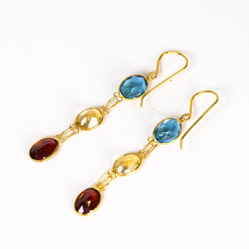 657 - A pair of modern handmade 14ct gold gem-set drop earrings, oval mixed cut gemstones include topaz an... 