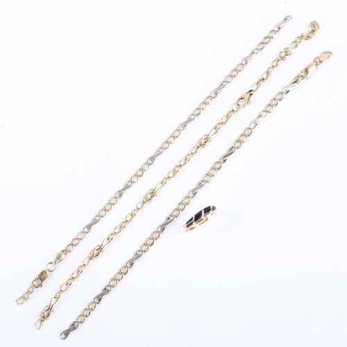 659 - 3 x 9ct gold chain bracelets, 17.9g total (all A/F), and a 14ct gold black enamel dress ring, size O... 