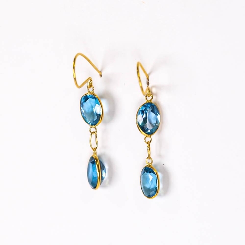 662 - A pair of modern handmade 14ct gold blue topaz drop earrings, set with oval mixed cut topaz and shep... 