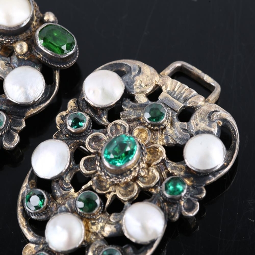 663 - A French silver gilt blister pearl and green paste buckle, openwork floral design set with round and... 