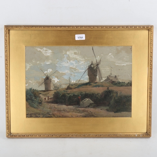 1781 - O Weber, 19th century watercolour, old windmills, signed, 11.5