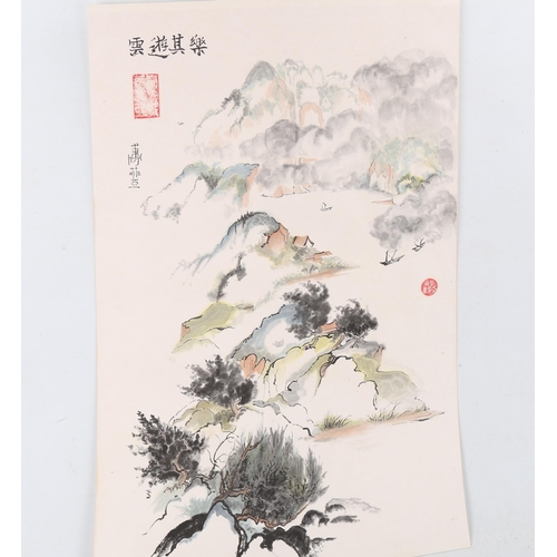 1795 - Chinese School, ink and watercolour on paper, mountain landscape with text and seals, 24