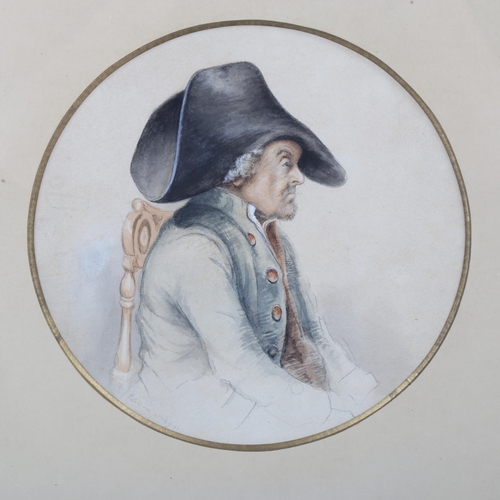 1796 - Watercolour, portrait of an 18th century gentleman in a hat, indistinctly signed, 7.5