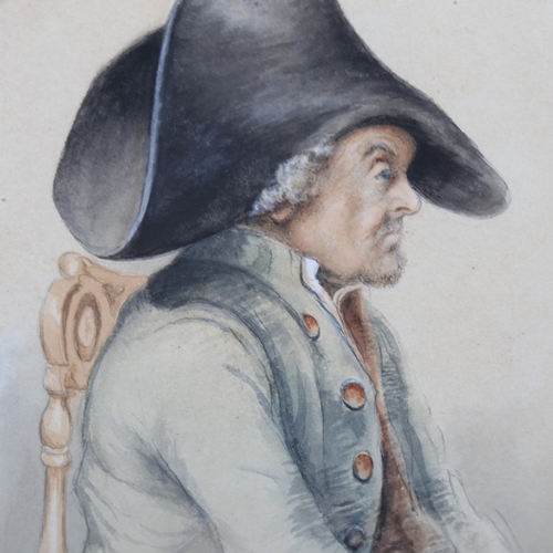 1796 - Watercolour, portrait of an 18th century gentleman in a hat, indistinctly signed, 7.5