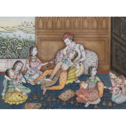 1811 - A finely detailed Mughal painting with gilding on ivory plaque, erotic harem interior scene, 4.5