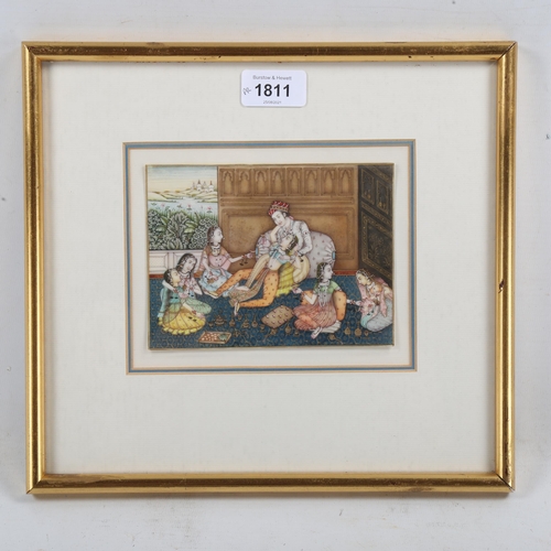 1811 - A finely detailed Mughal painting with gilding on ivory plaque, erotic harem interior scene, 4.5