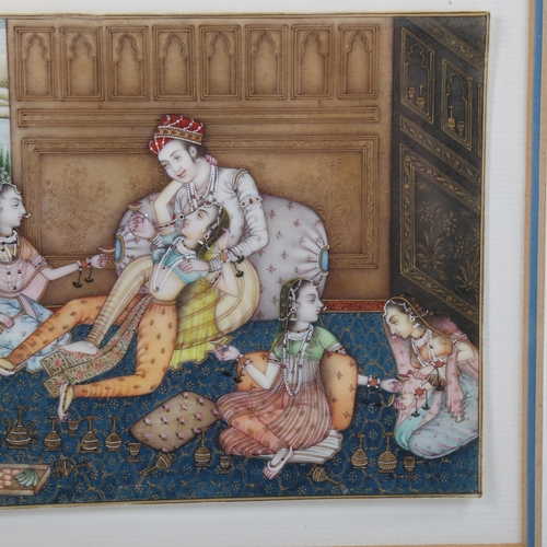 1811 - A finely detailed Mughal painting with gilding on ivory plaque, erotic harem interior scene, 4.5