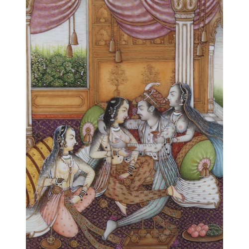 1812 - A finely detailed Mughal painting with gilding on ivory, erotic harem interior scene, 5