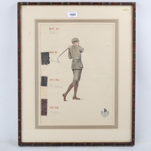 1825 - GOLFING INTEREST - watercolour, fashion design, outfit for a golfer, with fabric samples, by B J Sim... 