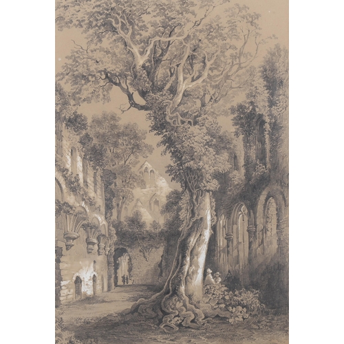 1834 - F J Ellis, pencil/chalk, abbey ruins, signed and dated 1868, 15