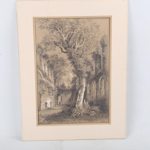 1834 - F J Ellis, pencil/chalk, abbey ruins, signed and dated 1868, 15