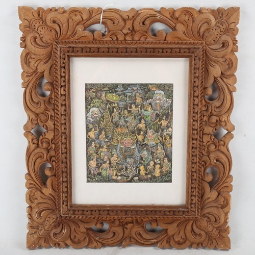 1836 - Balinese watercolour, depiction of gods, in carved frame, overall frame dimensions 15.5