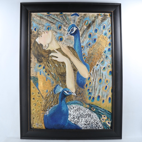 1881 - Clive Fredriksson, oil on canvas, girl with peacocks, overall frame dimensions, 46