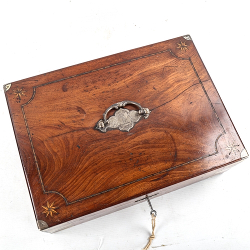 1004 - A Georgian mahogany and nickel plate brass-bound travelling box, with inlaid decoration, the handle ... 