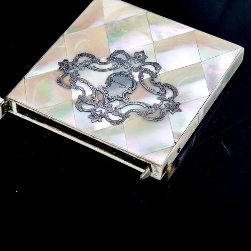 1005 - A Victorian mother-of-pearl parquetry card case, with inlaid silver decorated front, 10.5cm x 8cm