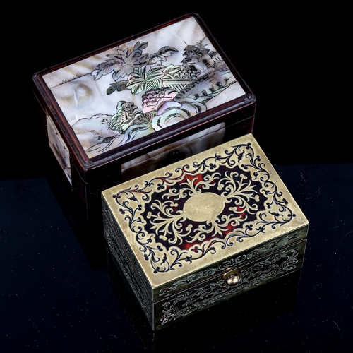 1017 - A small 19th century Boulle marquetry inlaid trinket box, width 9cm, and a Chinese mother-of-pearl i... 