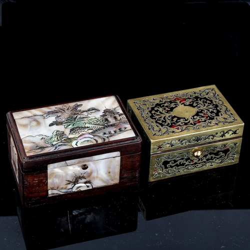 1017 - A small 19th century Boulle marquetry inlaid trinket box, width 9cm, and a Chinese mother-of-pearl i... 