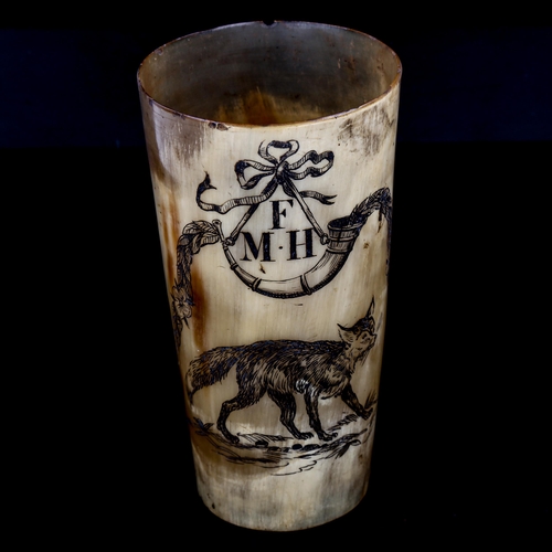 1020 - A 19th century horn beaker with engraved fox and monogram, height 13cm