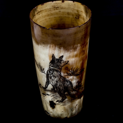 1020 - A 19th century horn beaker with engraved fox and monogram, height 13cm