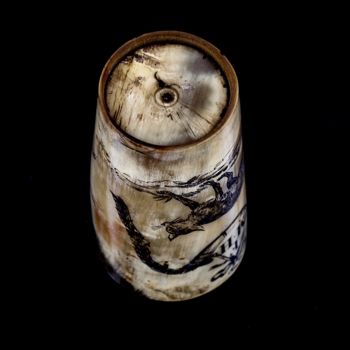 1020 - A 19th century horn beaker with engraved fox and monogram, height 13cm