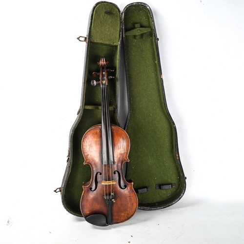 1050 - An Antique violin, probably late 19th century, with 1-piece back, back length 36cm, with case