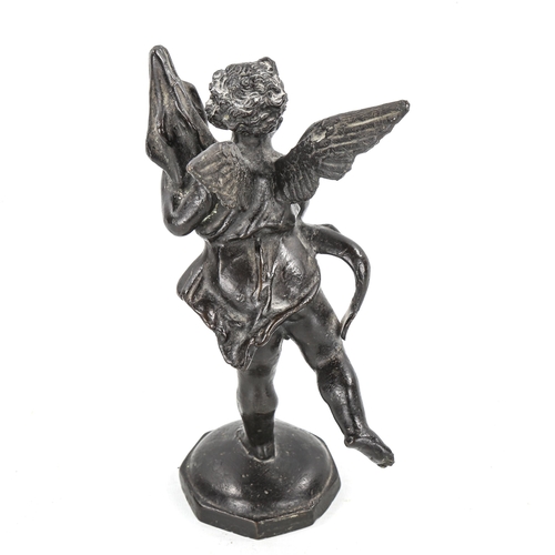 1077 - Patinated bronze Classical sculpture, cherub with a dolphin, unsigned, height 22cm