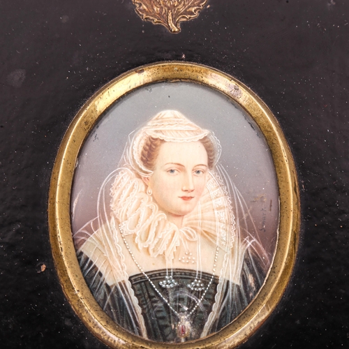 1080 - A miniature watercolour on ivory, portrait of an Elizabethan lady, brass-mounted lacquer frame, over... 