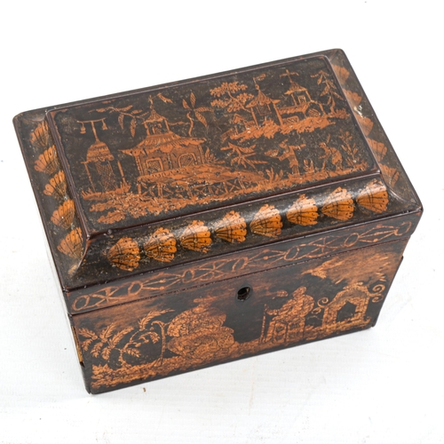 1081 - A small Regency penwork decorated tea caddy, with Oriental scenes and inner lids, length 16cm