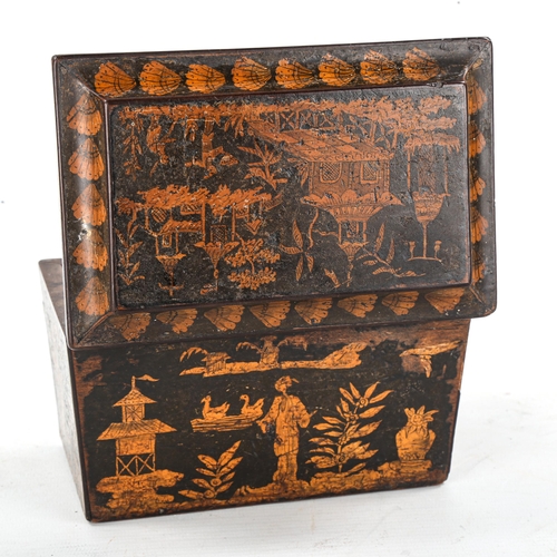 1081 - A small Regency penwork decorated tea caddy, with Oriental scenes and inner lids, length 16cm