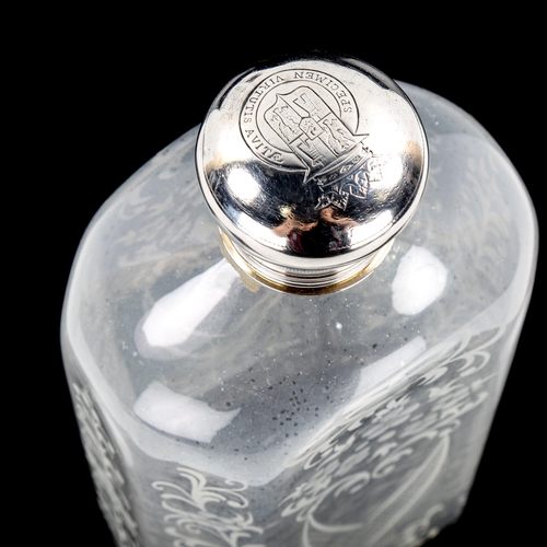 1082 - An Antique Continental handblown etched glass spirit bottle, a Continental silver top with engraved ... 