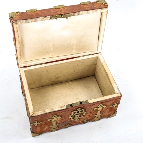 1084 - A Victorian brass-bound velvet-covered casket, with brass carrying handle, 21cm x 13.5cm x 12cm