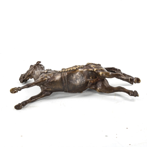 1090 - A Russian patinated bronze galloping horse in harness, unsigned, late 19th/early 20th century, lengt... 