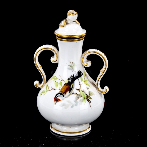 1097 - A small German porcelain 2-handled flask and cover, with hand painted garden birds, crossed swords m... 