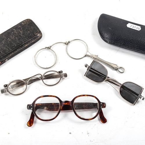 1102 - A group of Antique spectacles and lorgnettes, including a pair of silver sunglasses with fold-out si... 