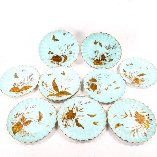 1155 - A set of 10 Spode china cabinet plates, 1884, hand gilded and painted on duck egg blue ground, decor... 