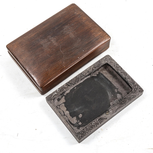 1156 - A Chinese ink stone in hardwood case, length 17cm, and a patinated bronze incense burner, height 14c... 