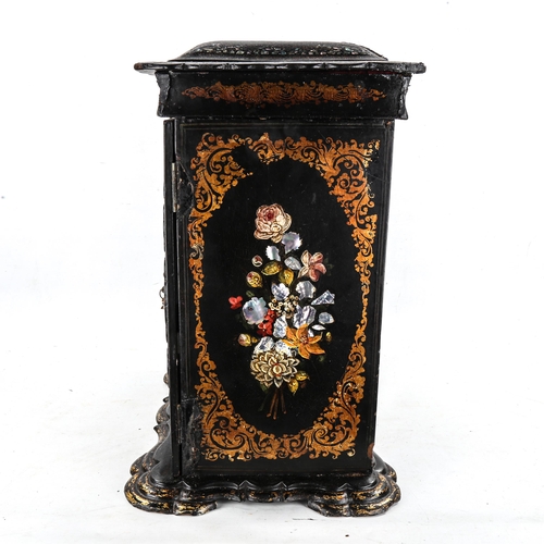 1162 - A Victorian papier mache table cabinet, mother-of-pearl inlaid and gilded, with 2 doors enclosing sm... 