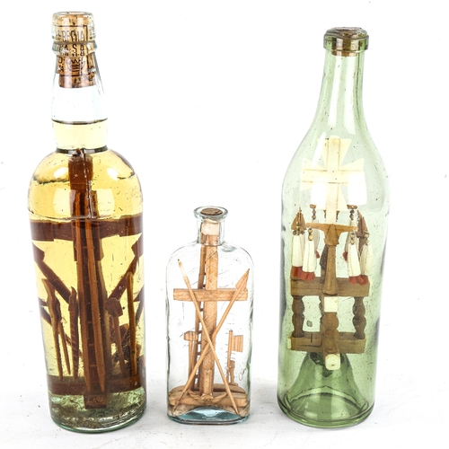 1167 - 3 novelty wood models inside bottles, largest 30cm