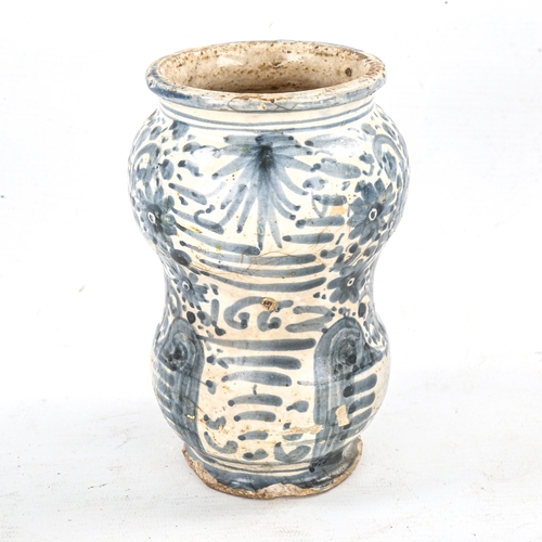 1180 - Antique Italian tin-glazed pottery Albarella jar, hand painted decoration and text, height 16cm