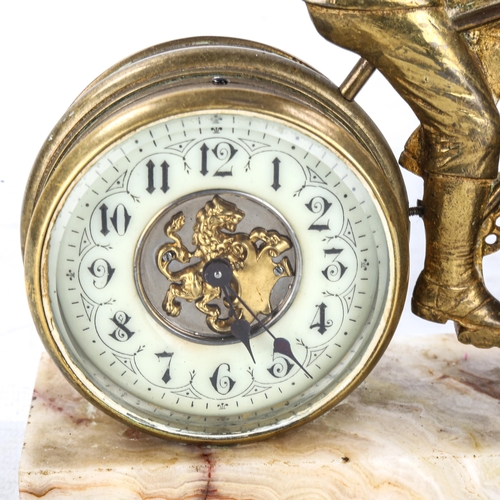 1187 - An unusual Victorian gilt-brass novelty desk clock/barometer, in the form of a man on a bicycle, on ... 